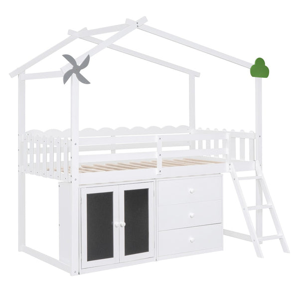 HomeRoots White Slat Wood Twin Loft Bed with Built-In Shelves – Stylish Space-Saving Design for Small Rooms 590599