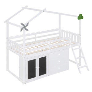 HomeRoots White Slat Wood Twin Loft Bed with Built-In Shelves – Stylish Space-Saving Design for Small Rooms 590599