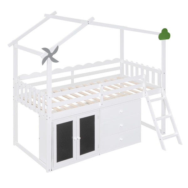 HomeRoots White Slat Wood Twin Loft Bed with Built-In Shelves – Stylish Space-Saving Design for Small Rooms 590599