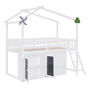 HomeRoots White Slat Wood Twin Loft Bed with Built-In Shelves – Stylish Space-Saving Design for Small Rooms 590599