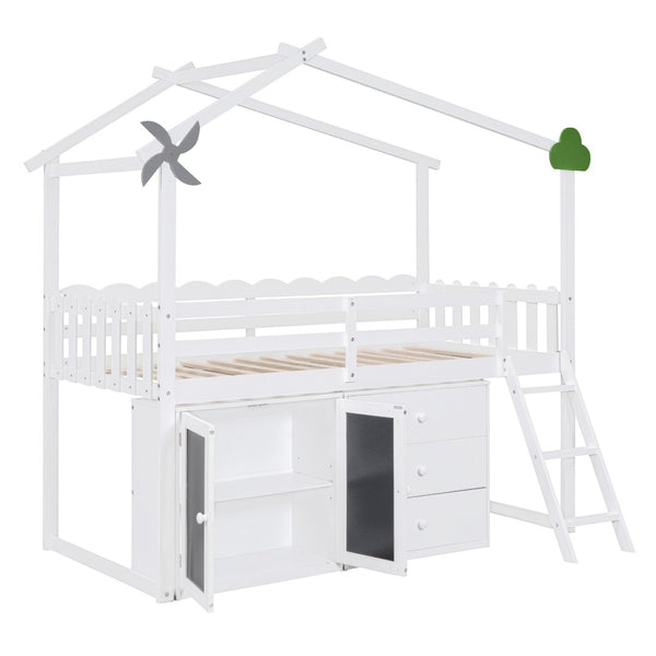 HomeRoots White Slat Wood Twin Loft Bed with Built-In Shelves – Stylish Space-Saving Design for Small Rooms 590599