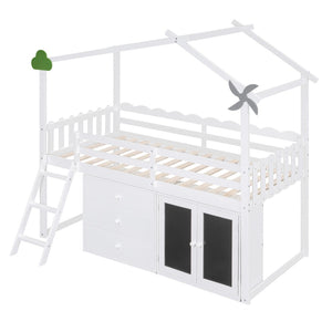 HomeRoots White Slat Wood Twin Loft Bed with Built-In Shelves – Stylish Space-Saving Design for Small Rooms 590599