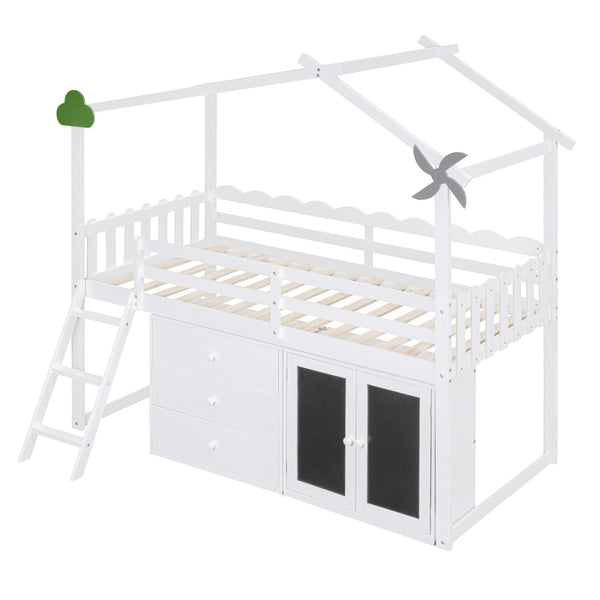 HomeRoots White Slat Wood Twin Loft Bed with Built-In Shelves – Stylish Space-Saving Design for Small Rooms 590599
