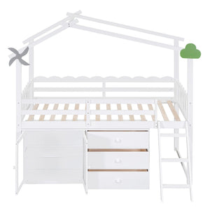HomeRoots White Slat Wood Twin Loft Bed with Built-In Shelves – Stylish Space-Saving Design for Small Rooms 590599