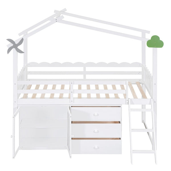 HomeRoots White Slat Wood Twin Loft Bed with Built-In Shelves – Stylish Space-Saving Design for Small Rooms 590599