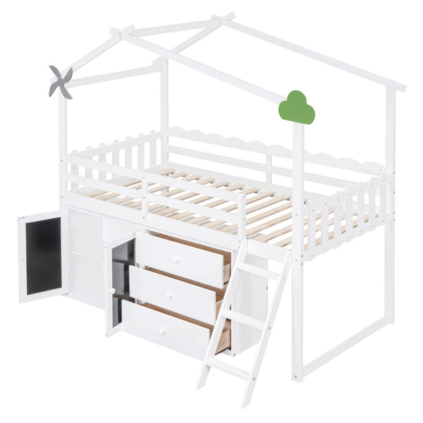 HomeRoots White Slat Wood Twin Loft Bed with Built-In Shelves – Stylish Space-Saving Design for Small Rooms 590599