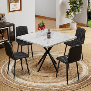 English Elm Square MDF Dining Set for 4 with Faux Marble Top, Mid-Century Modern Iron Legs, Easy-Clean Surface White+Black W578S00024