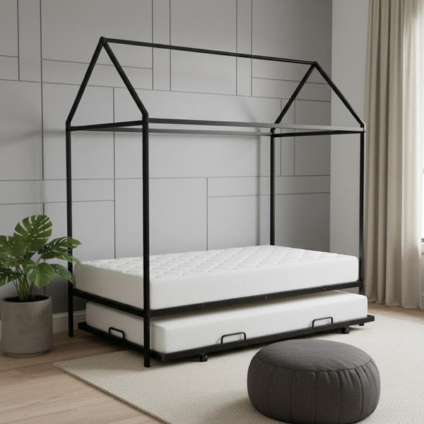 HomeRoots Black Metal Twin House Bed with Trundle - Stylish, Sturdy Frame for Kids' Rooms & Guest Spaces 590601