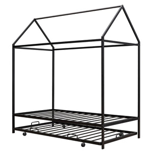 HomeRoots Black Metal Twin House Bed with Trundle - Stylish, Sturdy Frame for Kids' Rooms & Guest Spaces 590601
