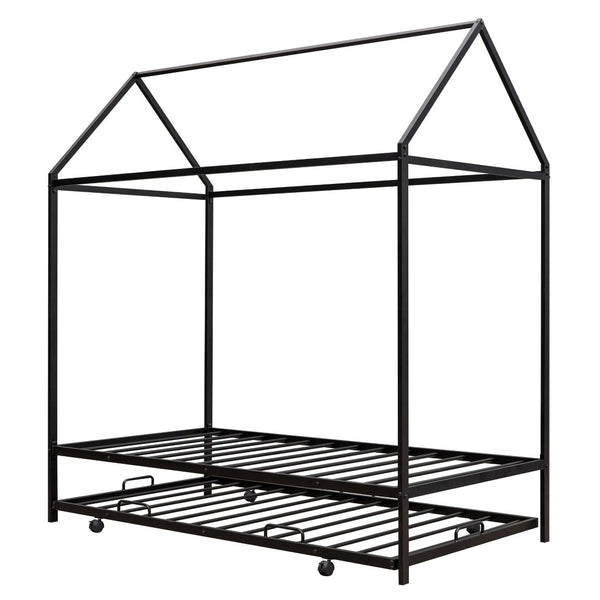 HomeRoots Black Metal Twin House Bed with Trundle - Stylish, Sturdy Frame for Kids' Rooms & Guest Spaces 590601