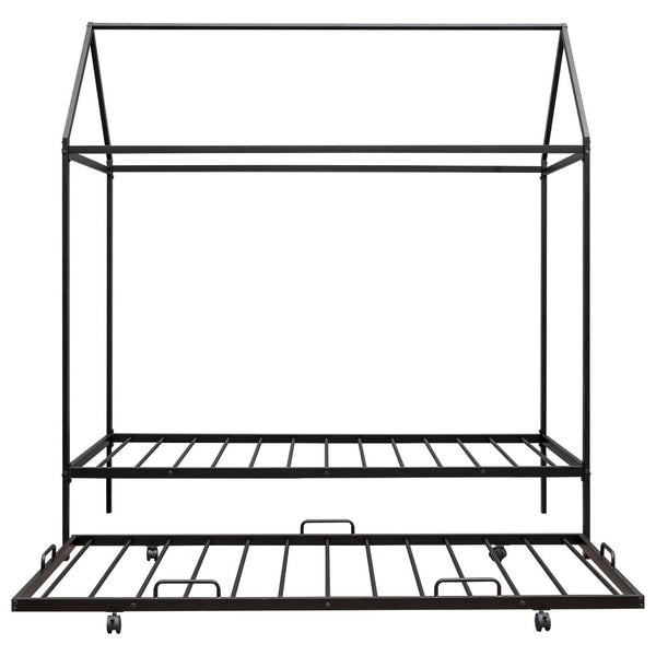 HomeRoots Black Metal Twin House Bed with Trundle - Stylish, Sturdy Frame for Kids' Rooms & Guest Spaces 590601