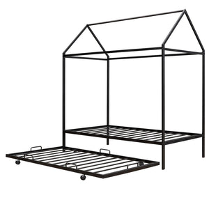 HomeRoots Black Metal Twin House Bed with Trundle - Stylish, Sturdy Frame for Kids' Rooms & Guest Spaces 590601