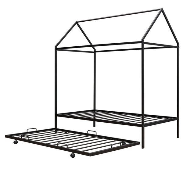 HomeRoots Black Metal Twin House Bed with Trundle - Stylish, Sturdy Frame for Kids' Rooms & Guest Spaces 590601