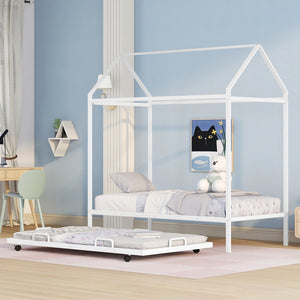 HomeRoots White Metal Twin House Bed with Trundle – Stylish, Space-Saving Design for Kids' Rooms & Guests 590603