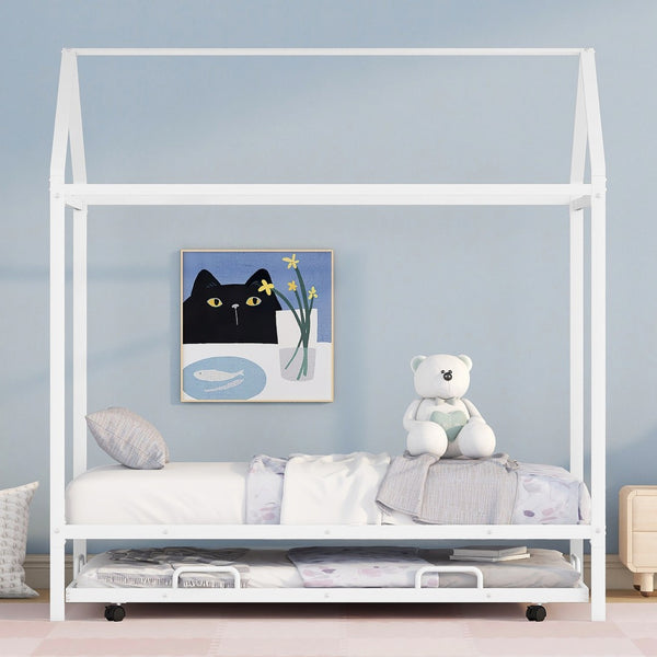 HomeRoots White Metal Twin House Bed with Trundle – Stylish, Space-Saving Design for Kids' Rooms & Guests 590603