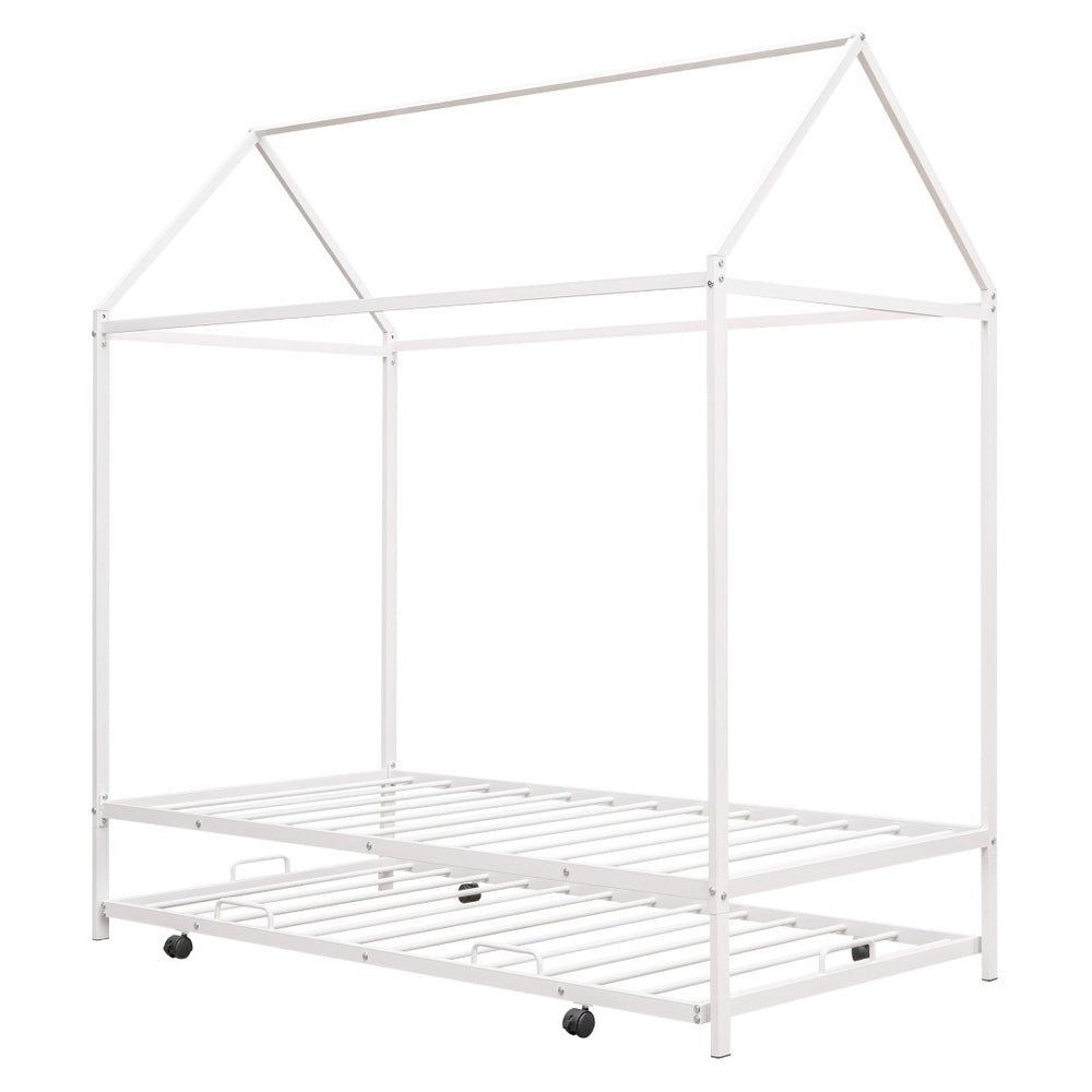 HomeRoots White Metal Twin House Bed with Trundle – Stylish, Space-Saving Design for Kids' Rooms & Guests 590603
