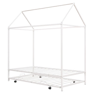 HomeRoots White Metal Twin House Bed with Trundle – Stylish, Space-Saving Design for Kids' Rooms & Guests 590603