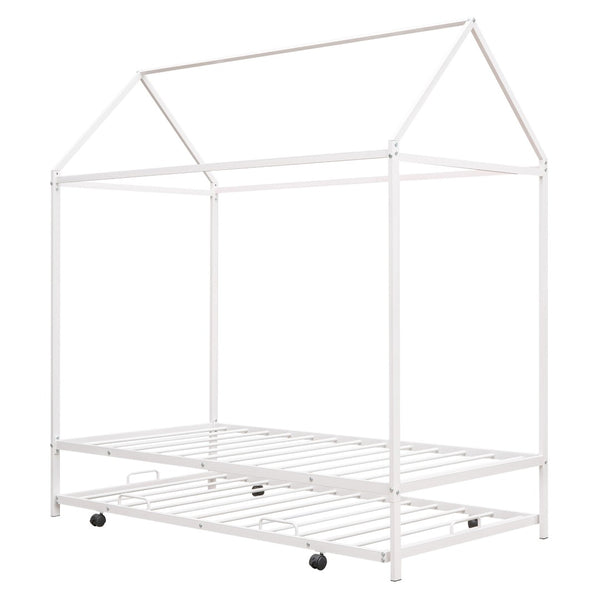 HomeRoots White Metal Twin House Bed with Trundle – Stylish, Space-Saving Design for Kids' Rooms & Guests 590603