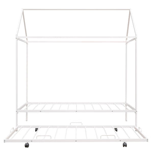 HomeRoots White Metal Twin House Bed with Trundle – Stylish, Space-Saving Design for Kids' Rooms & Guests 590603