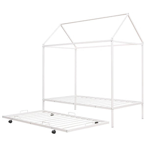 HomeRoots White Metal Twin House Bed with Trundle – Stylish, Space-Saving Design for Kids' Rooms & Guests 590603