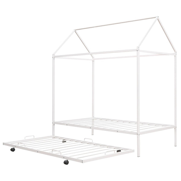 HomeRoots White Metal Twin House Bed with Trundle – Stylish, Space-Saving Design for Kids' Rooms & Guests 590603