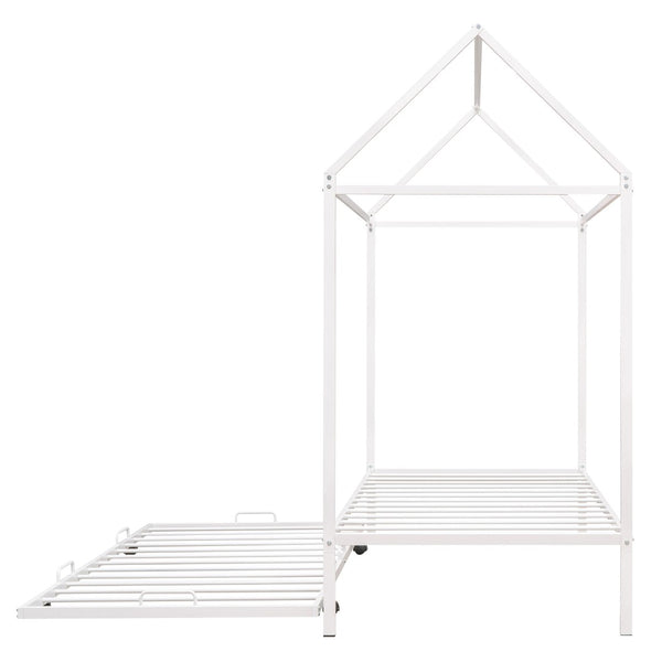 HomeRoots White Metal Twin House Bed with Trundle – Stylish, Space-Saving Design for Kids' Rooms & Guests 590603