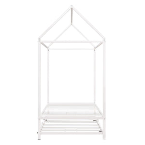 HomeRoots White Metal Twin House Bed with Trundle – Stylish, Space-Saving Design for Kids' Rooms & Guests 590603