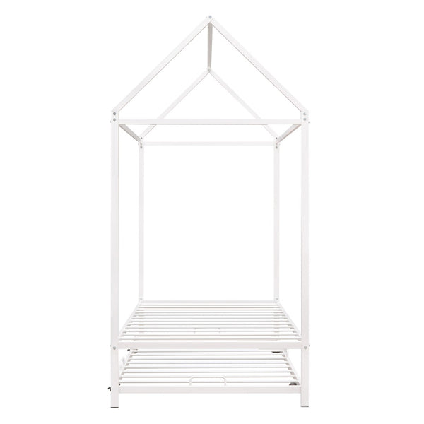 HomeRoots White Metal Twin House Bed with Trundle – Stylish, Space-Saving Design for Kids' Rooms & Guests 590603