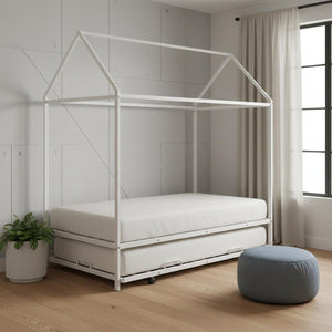HomeRoots White Metal Twin House Bed with Trundle – Stylish, Space-Saving Design for Kids' Rooms & Guests 590603