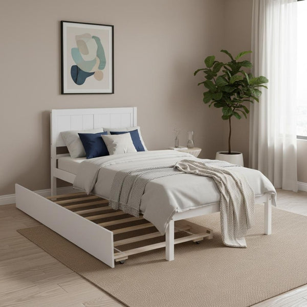HomeRoots White Wood Twin Bed Frame with Trundle - Stylish Space-Saving Design for Kids & Guests, Easy Setup! 590605
