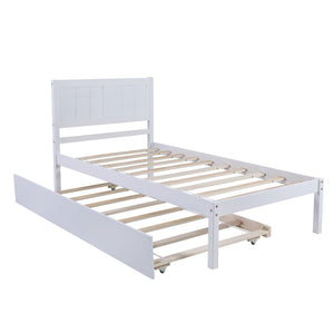 HomeRoots White Wood Twin Bed Frame with Trundle - Stylish Space-Saving Design for Kids & Guests, Easy Setup! 590605