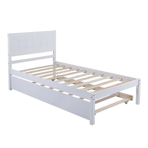HomeRoots White Wood Twin Bed Frame with Trundle - Stylish Space-Saving Design for Kids & Guests, Easy Setup! 590605