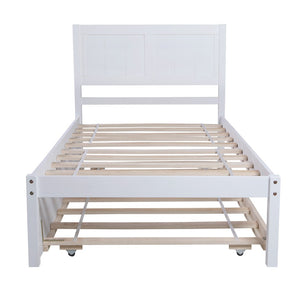 HomeRoots White Wood Twin Bed Frame with Trundle - Stylish Space-Saving Design for Kids & Guests, Easy Setup! 590605