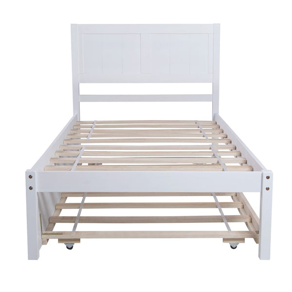 HomeRoots White Wood Twin Bed Frame with Trundle - Stylish Space-Saving Design for Kids & Guests, Easy Setup! 590605