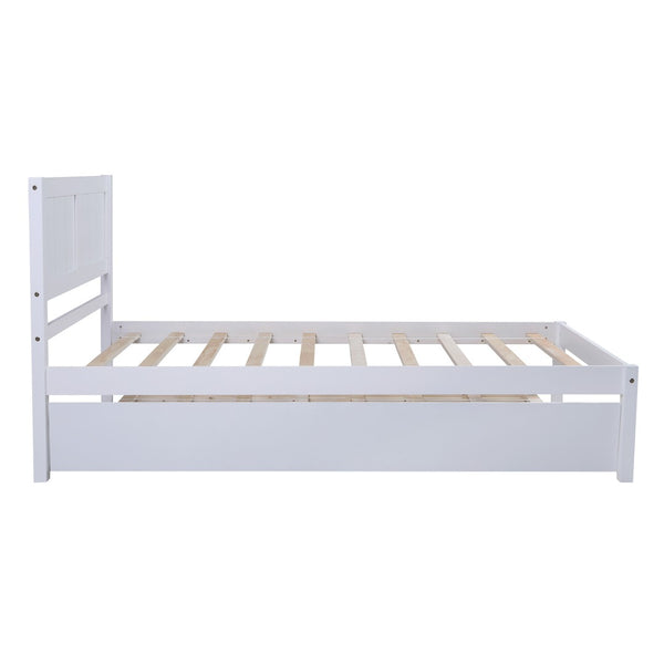 HomeRoots White Wood Twin Bed Frame with Trundle - Stylish Space-Saving Design for Kids & Guests, Easy Setup! 590605