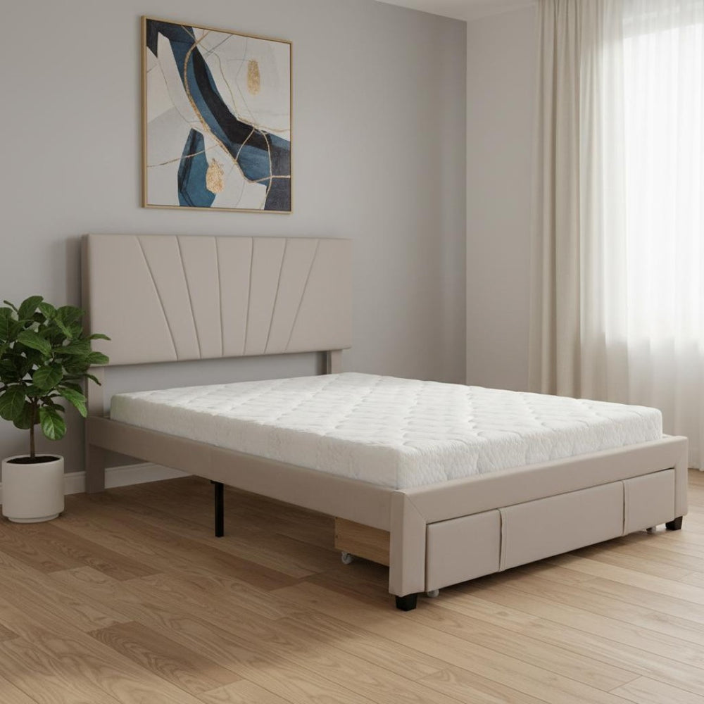 HomeRoots Beige Tufted Upholstered Queen Bed Frame with Drawer - Elegant Design, Cozy Comfort & Storage Solution 590607