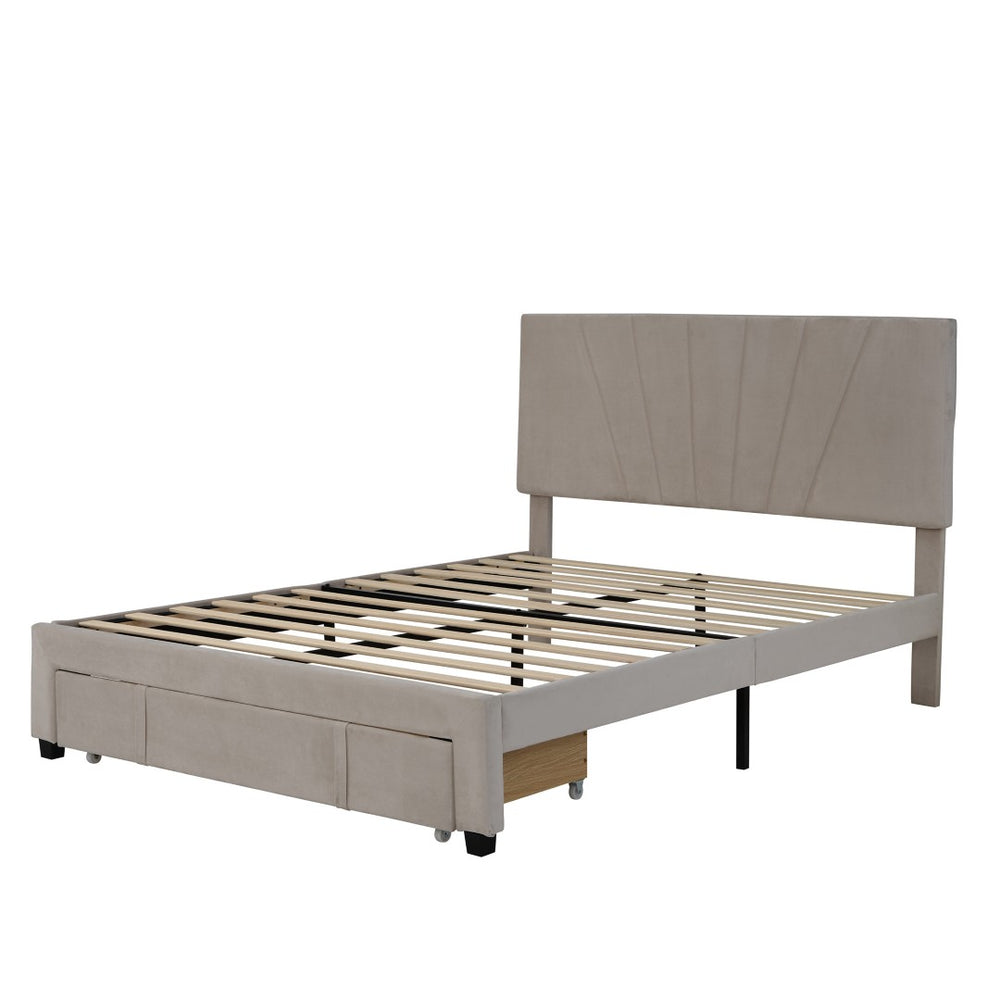 HomeRoots Beige Tufted Upholstered Queen Bed Frame with Drawer - Elegant Design, Cozy Comfort & Storage Solution 590607