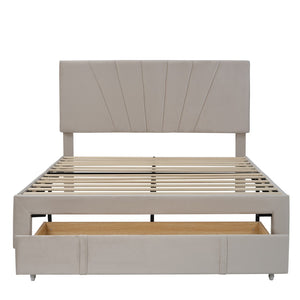 HomeRoots Beige Tufted Upholstered Queen Bed Frame with Drawer - Elegant Design, Cozy Comfort & Storage Solution 590607