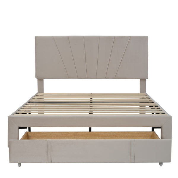 HomeRoots Beige Tufted Upholstered Queen Bed Frame with Drawer - Elegant Design, Cozy Comfort & Storage Solution 590607