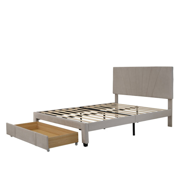 HomeRoots Beige Tufted Upholstered Queen Bed Frame with Drawer - Elegant Design, Cozy Comfort & Storage Solution 590607