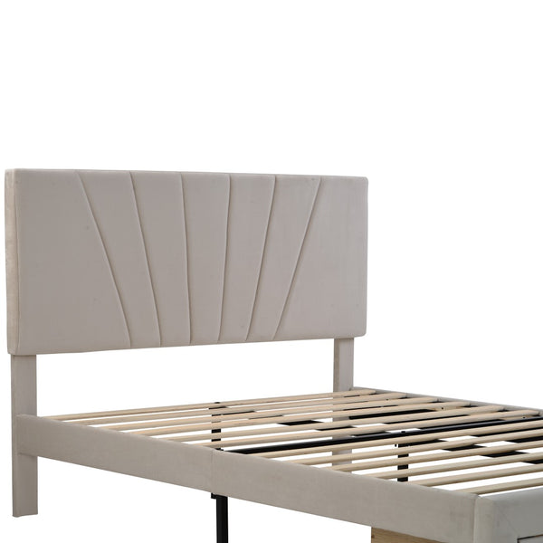 HomeRoots Beige Tufted Upholstered Queen Bed Frame with Drawer - Elegant Design, Cozy Comfort & Storage Solution 590607