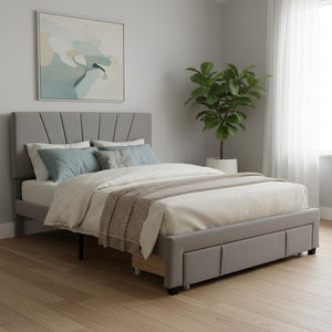 HomeRoots Gray Tufted Upholstered Queen Bed Frame with Storage Drawer – Modern Design for Stylish Comfort 590609