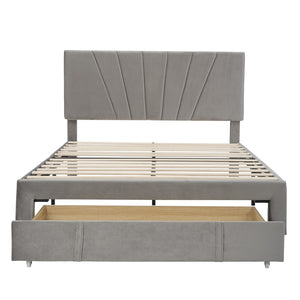 HomeRoots Gray Tufted Upholstered Queen Bed Frame with Storage Drawer – Modern Design for Stylish Comfort 590609