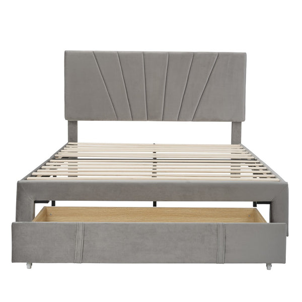 HomeRoots Gray Tufted Upholstered Queen Bed Frame with Storage Drawer – Modern Design for Stylish Comfort 590609