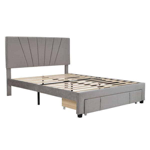 HomeRoots Gray Tufted Upholstered Queen Bed Frame with Storage Drawer – Modern Design for Stylish Comfort 590609