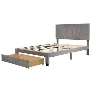 HomeRoots Gray Tufted Upholstered Queen Bed Frame with Storage Drawer – Modern Design for Stylish Comfort 590609