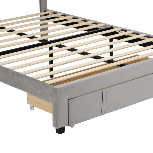 HomeRoots Gray Tufted Upholstered Queen Bed Frame with Storage Drawer – Modern Design for Stylish Comfort 590609