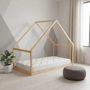HomeRoots Natural Wood Twin House Bed Frame - Stylish, Durable, Modern Farmhouse Design for Kids & Guests 590611