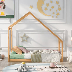 HomeRoots Natural Wood Twin House Bed Frame - Stylish, Durable, Modern Farmhouse Design for Kids & Guests 590611