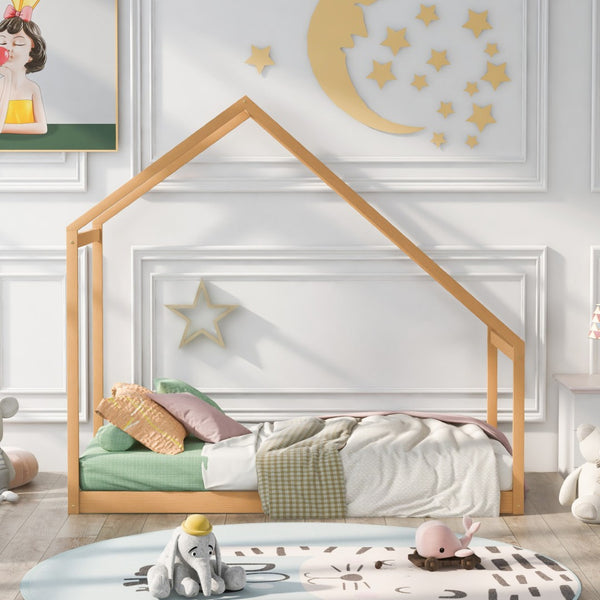 HomeRoots Natural Wood Twin House Bed Frame - Stylish, Durable, Modern Farmhouse Design for Kids & Guests 590611